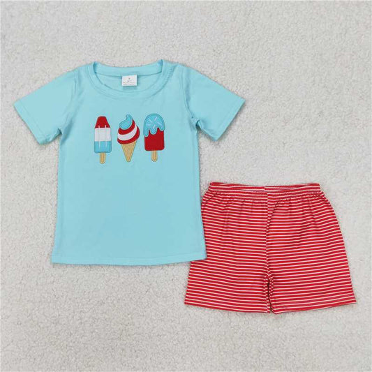 RTS NO MOQ Baby Boys kids Summer sets BSSO1269 Ice cream blue short-sleeved striped red shorts suit