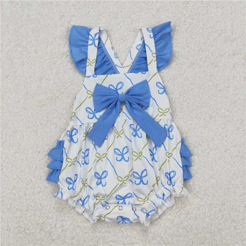 RTS NO MOQ Baby Girls Summer Bodysuit SR2720 Light Blue Flutter Sleeve Bows Bubbles Rompers