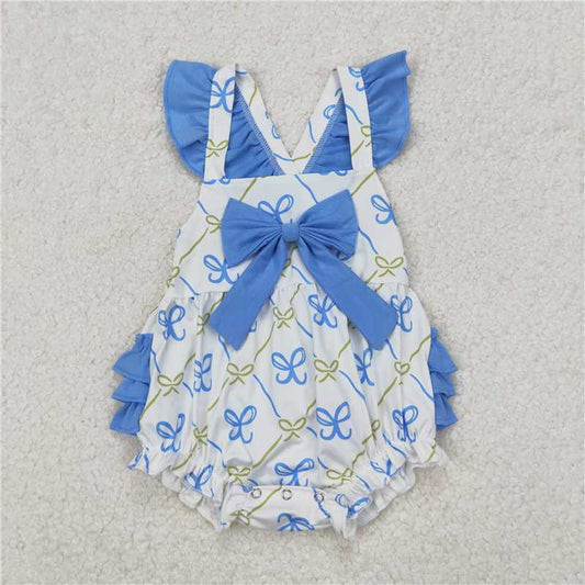 RTS NO MOQ Baby Girls Summer Bodysuit SR2720 Light Blue Flutter Sleeve Bows Bubbles Rompers