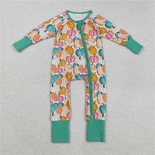 11.12  LR2552 Baby Boys Colorful Pumpkins Plaid Fall Zipper Footie Rompers