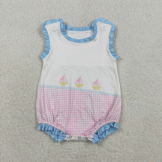 Baby Girls Infant Sleeveless Boats Pink Plaid Dots Bubble Romper RTS