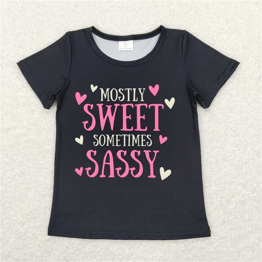 5.20 RTS NO MOQ Summer Baby Girls Short Sleeve GT0422 Mostly Sweet Sometimes Sassy Black Short Sleeve Tee Shirts Tops