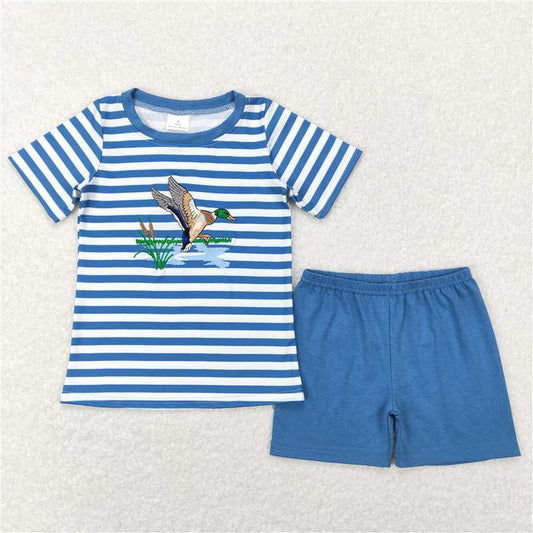 RTS NO MOQ Baby Boys kids Summer Sets BSSO0308 Blue Stripes Duck Tee Shirts Tops Shorts Clothing Sets