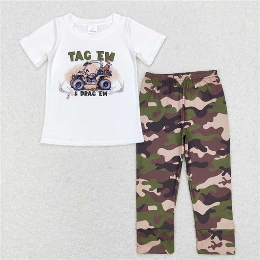5.27 RTS NO MOQ Baby Boys Summer Sets BSPO0234 Tractor White Tee Shirt Top Camo Pants Clothes Sets
