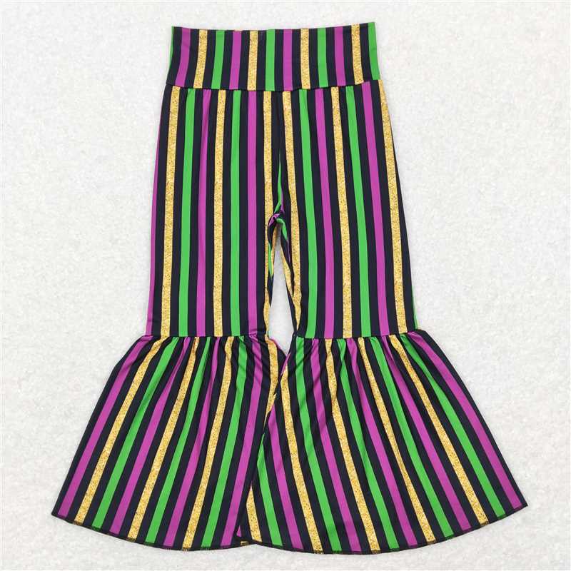 RTS NO MOQ Baby Girls Long Pants P0405 Mardi Gras Purple Green Gold Stripes Bell Bottom Pants