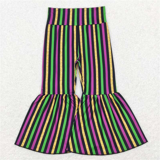 RTS NO MOQ Baby Girls Long Pants P0405 Mardi Gras Purple Green Gold Stripes Bell Bottom Pants