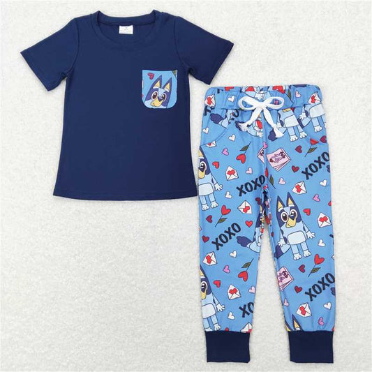 5.27 RTS NO MOQ Baby Boys Summer Sets BSPO0271 Valentines Navy Dog Hearts Short Sleeve Shirts Pants Clothes Sets
