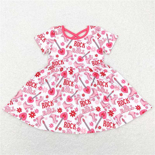 8.1 RTS NO MOQ Summer Baby Girls Dresses GSD0624 Valentines Rock Roll Short Sleeve Knee Length Dresses