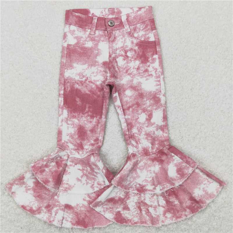 RTS NO MOQ Baby Girls Pants P0399 Pink Tie Dye Double Ruffle Bell Flare Denim Pants