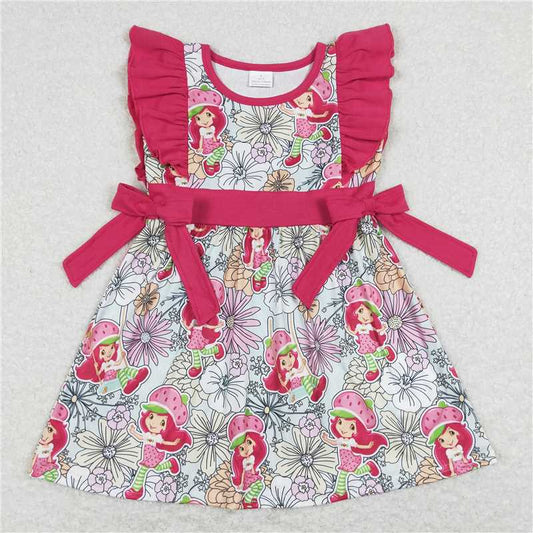 8.1 RTS NO MOQ Summer Baby Girls Dresses GSD0613 Spring Strawberry Bows Flutter Sleeve Knee Length Dresses
