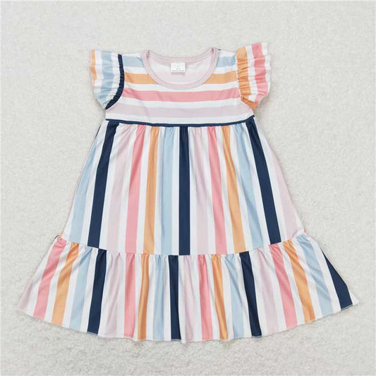8.1 RTS NO MOQ Summer Baby Girls Dresses GSD0564 Spring Colorful Stripes Flutter Sleeve Ruffle Knee Length Dresses