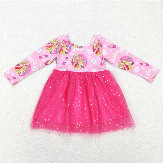 6.13 RTS NO MOQ Baby Girls Long Sleeve GLD0494 Valentines Doll Pink Tutu Knee Length Dresses