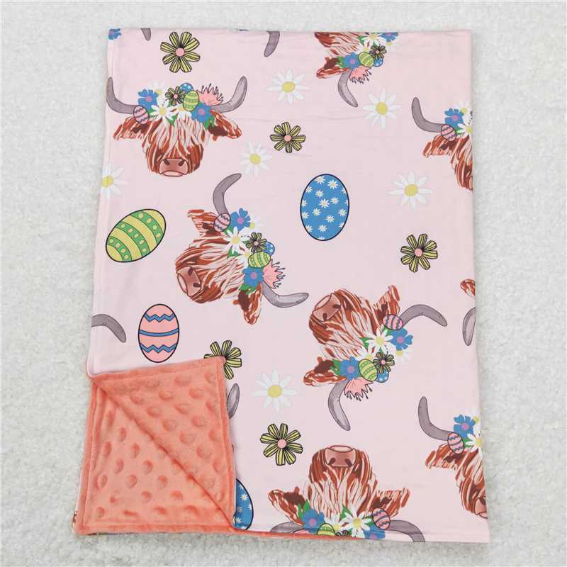 RTS NO MOQ Baby Kids Carpet BL0095 Easter Pink Highland Cow Eggs Western Blankets