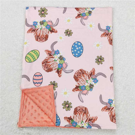 RTS NO MOQ Baby Kids Carpet BL0095 Easter Pink Highland Cow Eggs Western Blankets