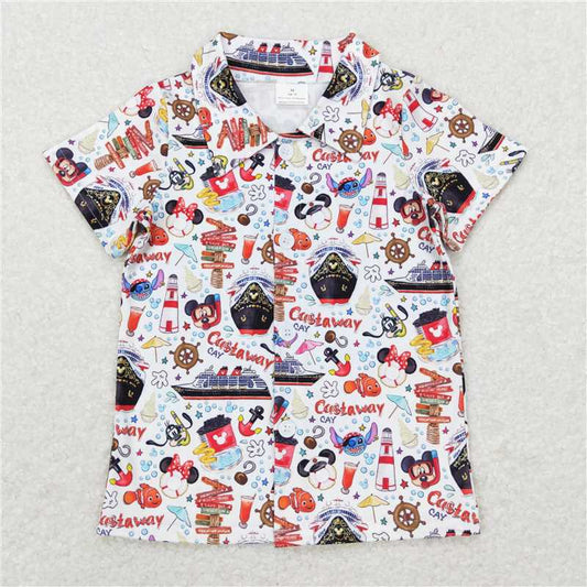 7.17 RTS NO MOQ Summer Baby Boys Shirt BT0490 Sea Ships Fishes Buttons Short Sleeve Tee Shirts