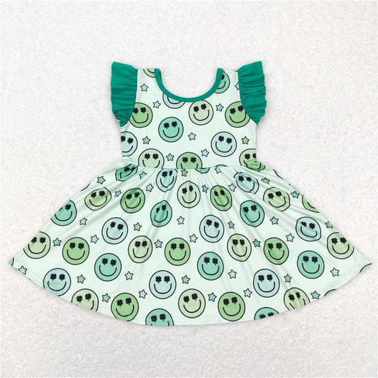 8.1 RTS NO MOQ Summer Baby Girls Dresses GSD0643 St Patrick Day Smile Green Knee Length Dresses