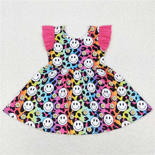 8.1 RTS NO MOQ Summer Baby Girls Dresses GSD0636 Pink Flutter Sleeve Smile Flowers Leopard Twirl Dresses