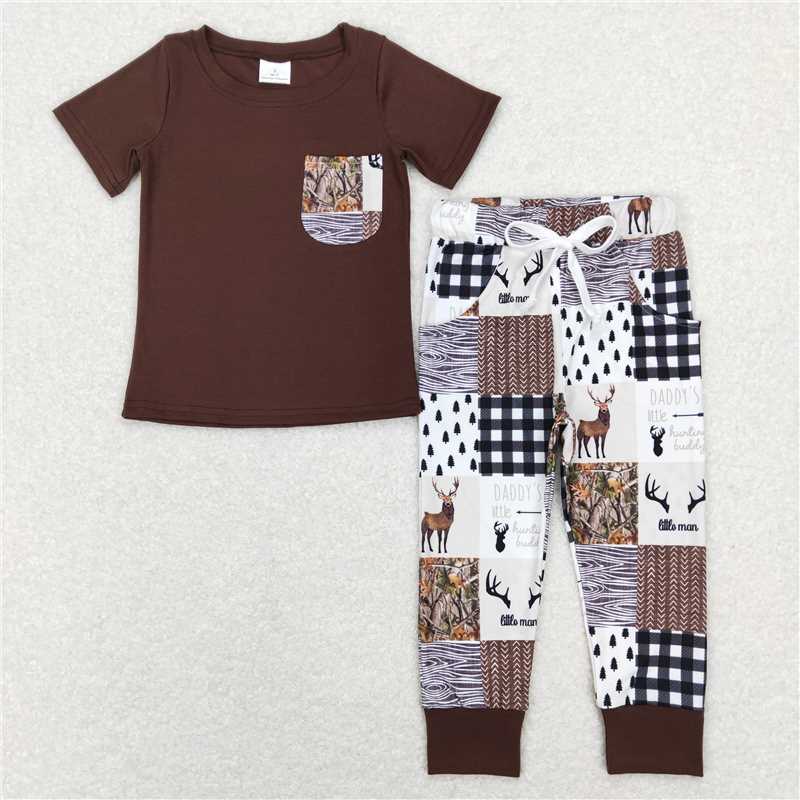5.27 RTS NO MOQ Baby Boys Summer Sets BSPO0250 Brown Daddy's Little Buddy Pockets Shirt Pants Clothes Sets