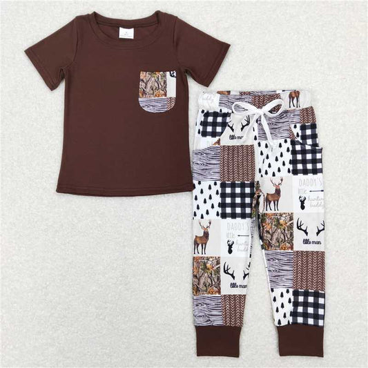 5.27 RTS NO MOQ Baby Boys Summer Sets BSPO0250 Brown Daddy's Little Buddy Pockets Shirt Pants Clothes Sets