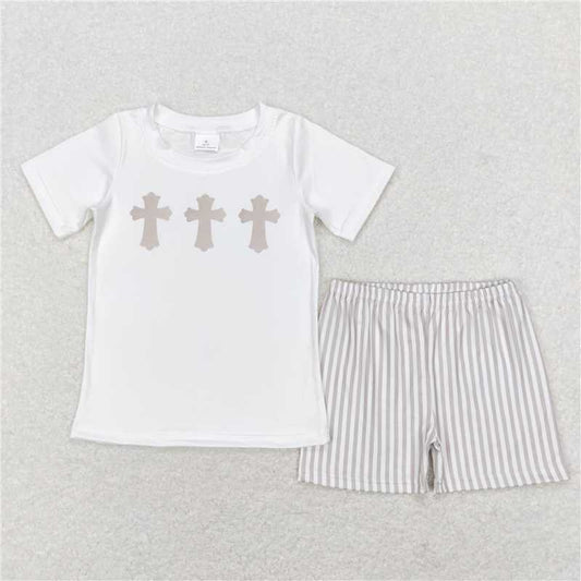 RTS NO MOQ Baby Boys kids Summer Sets BSSO0354 White Easter Cross Shirt Top Shorts Clothing Sets