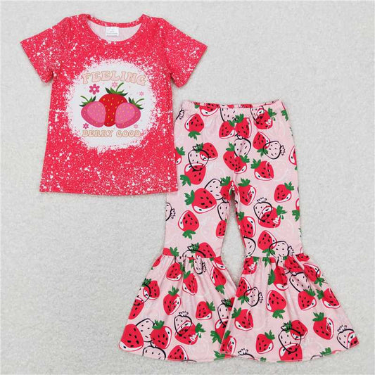 7.14 RTS NO MOQ Baby Girls Summer Kids Sets GSPO0906 Strawberry Tee Shirts Bell Bottom Pants Clothes Sets