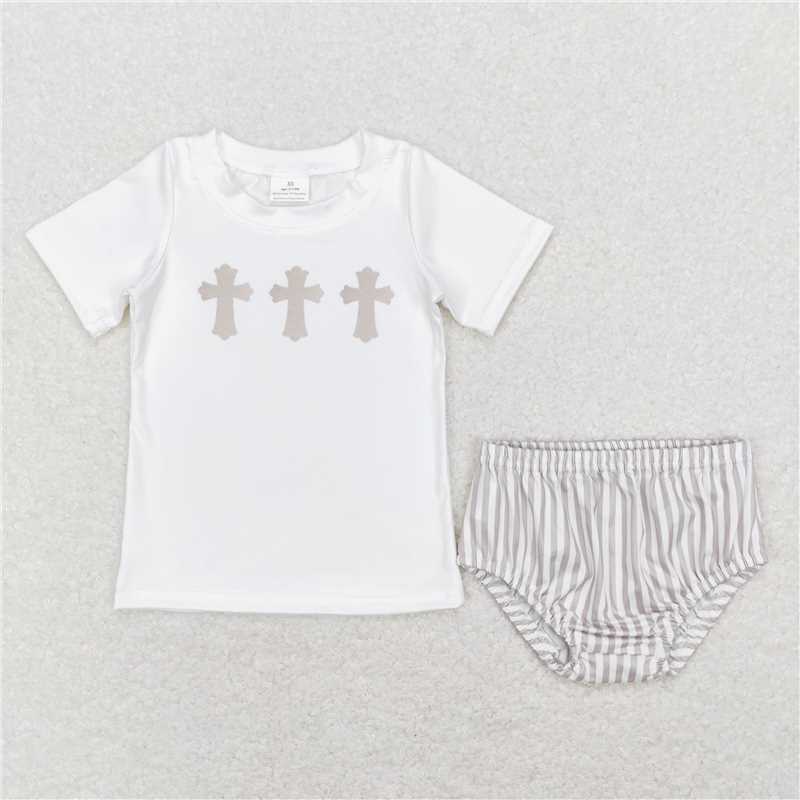 RTS NO MOQ Baby Girls Summer Outifts GBO0211 Easter Cross White Shirt Tee Bummies Clothes Sets