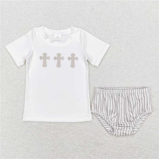 RTS NO MOQ Baby Girls Summer Outifts GBO0211 Easter Cross White Shirt Tee Bummies Clothes Sets