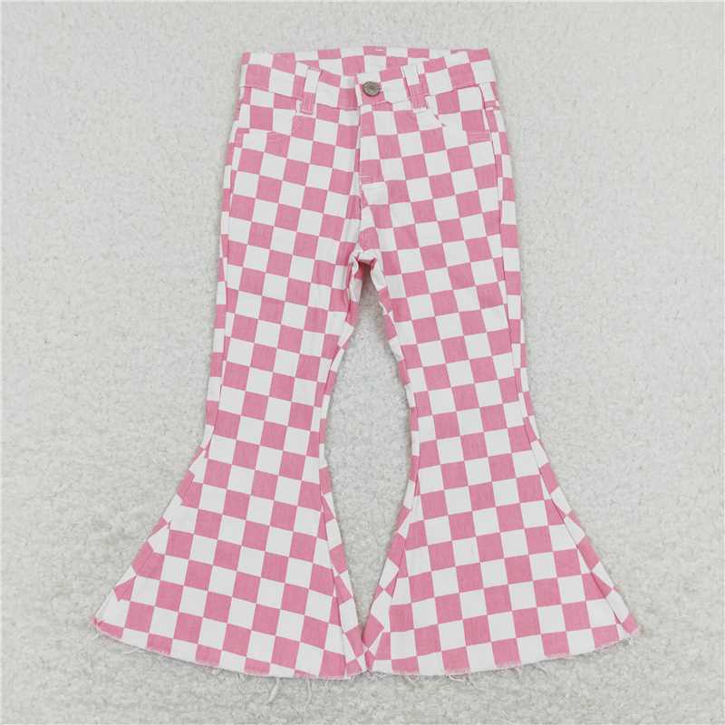 RTS NO MOQ Baby Girls Pants P0348 Pink Checkered Bell Flare Denim Pants Jeans