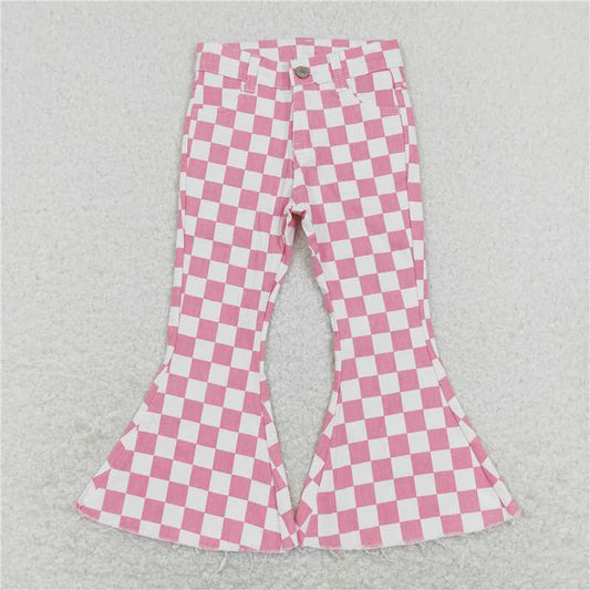 RTS NO MOQ Baby Girls Pants P0348 Pink Checkered Bell Flare Denim Pants Jeans