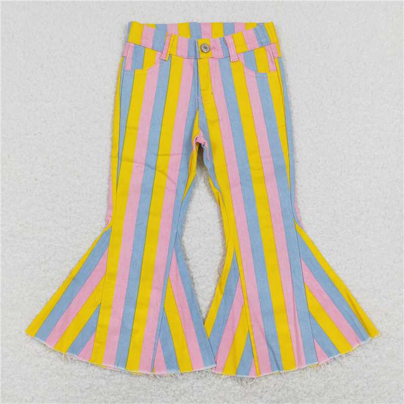 RTS NO MOQ Baby Girls Pants P0332 Easter Pink Yellow Light Blue Stripes Bell Denim Pants