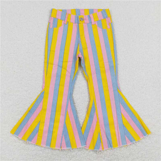 RTS NO MOQ Baby Girls Pants P0332 Easter Pink Yellow Light Blue Stripes Bell Denim Pants