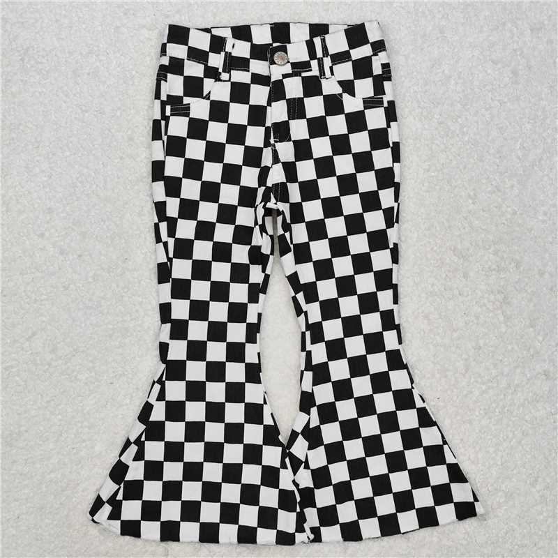 RTS NO MOQ Baby Girls Pants P0349 Black Checkered Bell Flare Denim Pants Jeans