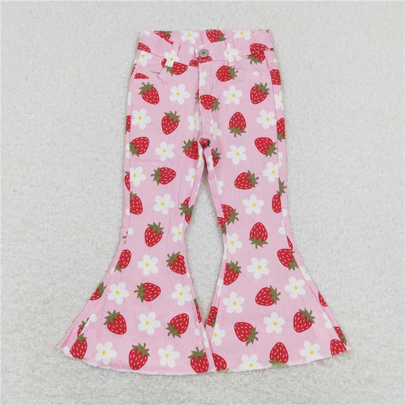 RTS NO MOQ Baby Girls Pants P0396 Strawberry Pink Flowers Spring Denim Pants Jeans