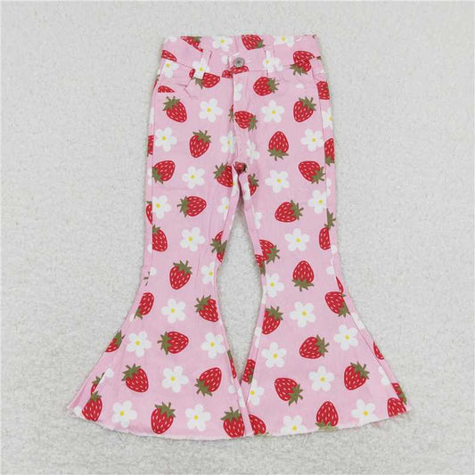 RTS NO MOQ Baby Girls Pants P0396 Strawberry Pink Flowers Spring Denim Pants Jeans