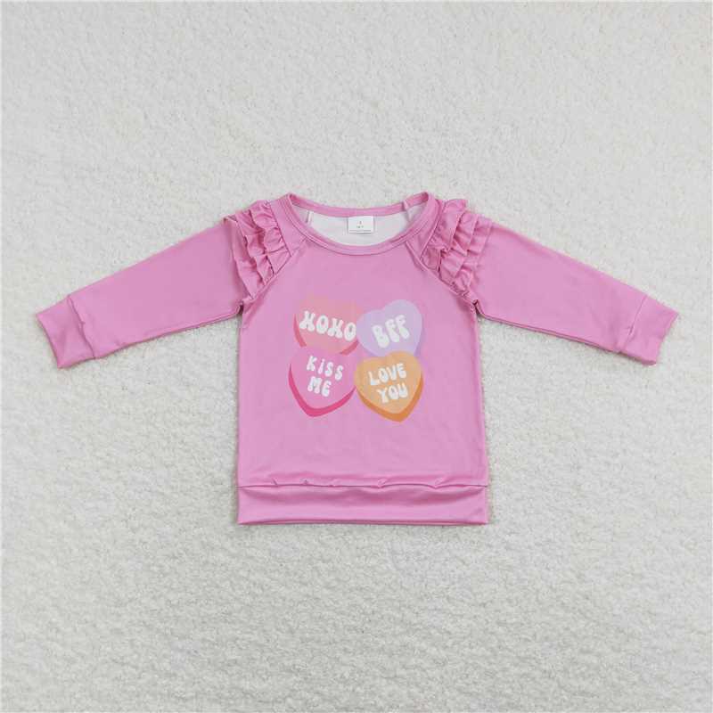 5.22 RTS NO MOQ Baby Girls Long Sleeve GT0425 Valentines XOXO Pink Ruffle Long Sleeve Tee Shirts Tops