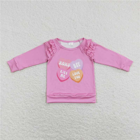 5.22 RTS NO MOQ Baby Girls Long Sleeve GT0425 Valentines XOXO Pink Ruffle Long Sleeve Tee Shirts Tops