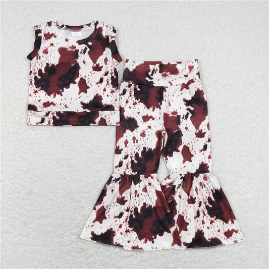 7.14 RTS NO MOQ Baby Girls Summer Kids Sets GSPO1145 Cowhide Western Shirts Bell Bottom Pants Outfits Clothes Sets