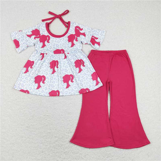 7.14 RTS NO MOQ Baby Girls Summer Kids Sets GSPO1187 Leopard Tunic Tops Bell Bottom Pants Clothes Sets