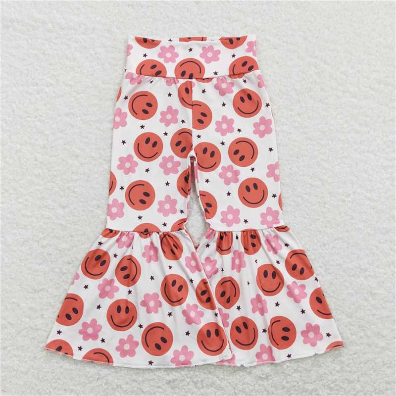 RTS NO MOQ Baby Girls Long Pants P0363 Pink Flowers Spring Flare Bell Bottom Pants