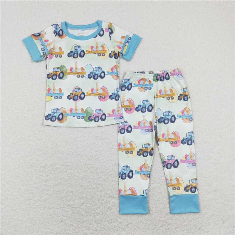 RTS NO MOQ Baby Boys Summer Sets BSPO0300 Easter Tractor Eggs Shirts Pants Pajamas Clothes Sets