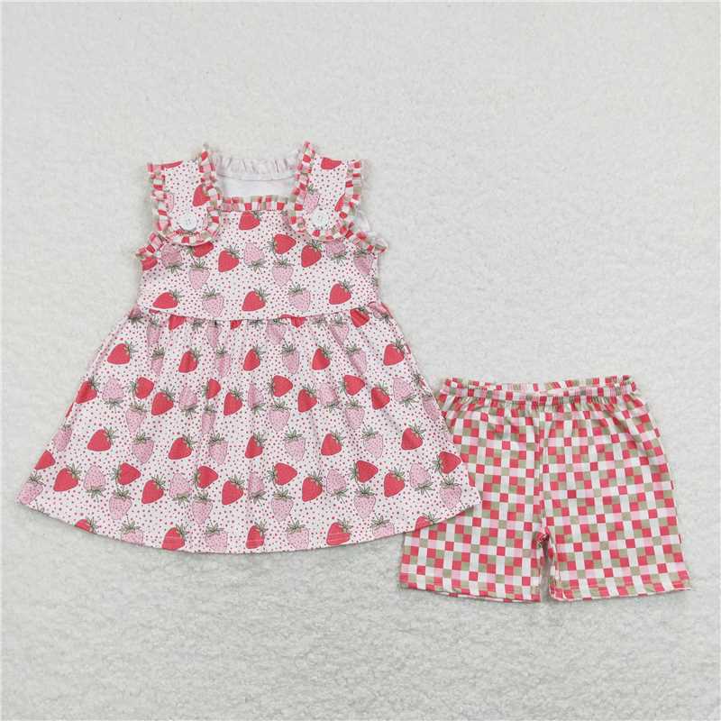 GSSO0499 Kids Girls Cute Strawberry Tunic Top Matching Shorts Set