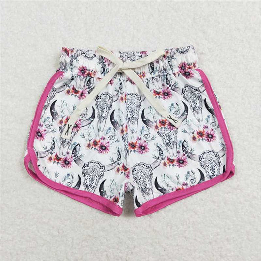 6.23 RTS NO MOQ Baby Girls Summer Pants SS0122 Cow Skull Flowers Western Pink Shorts