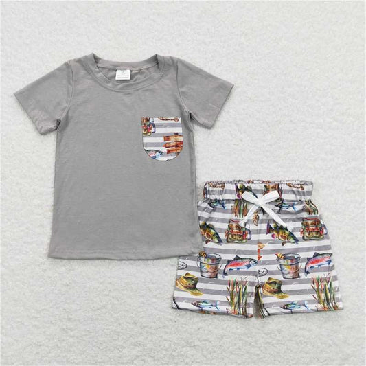 RTS NO MOQ Baby Boys kids Summer Sets BSSO0481 Grey Pocket Tee Top Fishing Outfits Clothes Sets