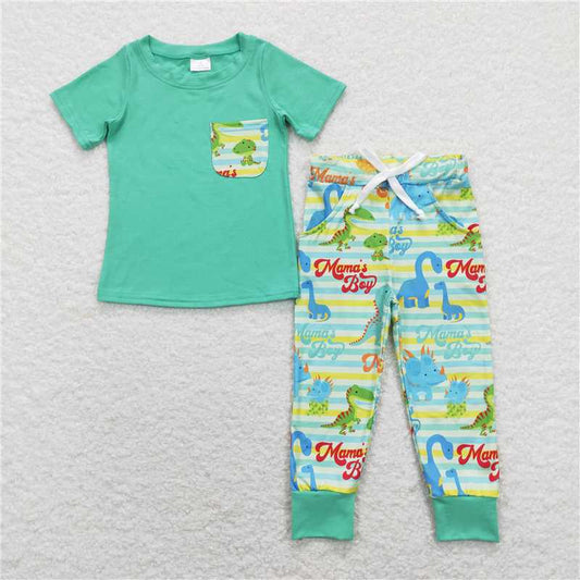 RTS NO MOQ Baby Boys Summer Sets BSPO0204 Mama's Boy Pocket Tee Shirt Top Dinosaurs Pants Clothes Sets