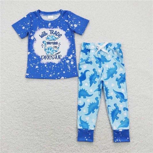 RTS NO MOQ Baby Boys Summer Sets BSPO0277 Blue Dinosaur Brother Top Pants Clothes Sets