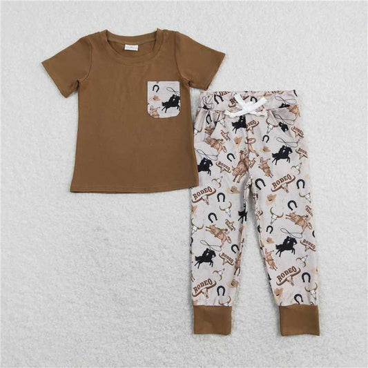 RTS NO MOQ Baby Boys Summer Sets BSPO0198 Brown Pocket Tee Shirts Western Rodeo Pants Clothes Sets