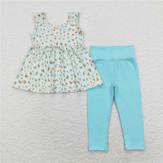 7.14 RTS NO MOQ Baby Girls Summer Kids Sets GSPO1177 Leopard Sleeveless Green Top Legging Pants Clothes Sets