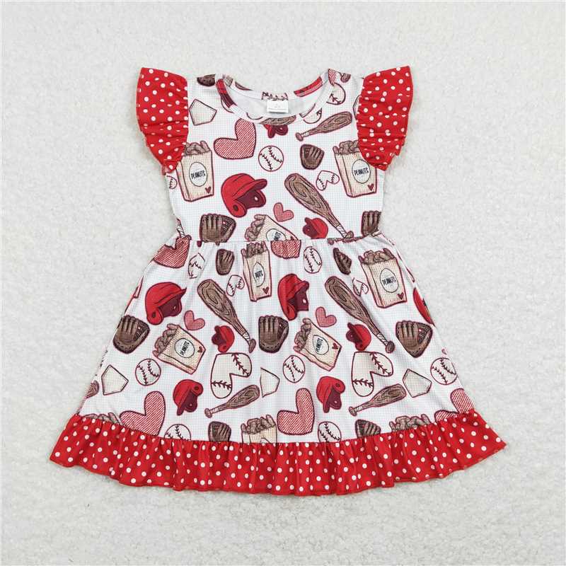 8.1 RTS NO MOQ Summer Baby Girls Dresses GSD0708 Baseball Flutter Sleeve Ruffle Knee Length Dresses