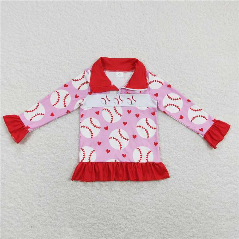RTS NO MOQ Baby Girls Long Sleeve GT0429 Pink Baseball Heart Zip Pullovers Tops