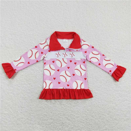 RTS NO MOQ Baby Girls Long Sleeve GT0429 Pink Baseball Heart Zip Pullovers Tops